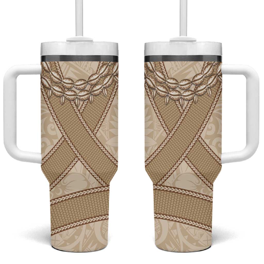 Mauri Ribaberiki Kiribati Tumbler With Handle Cowrie Shells Lei Palm Leaf Weaving