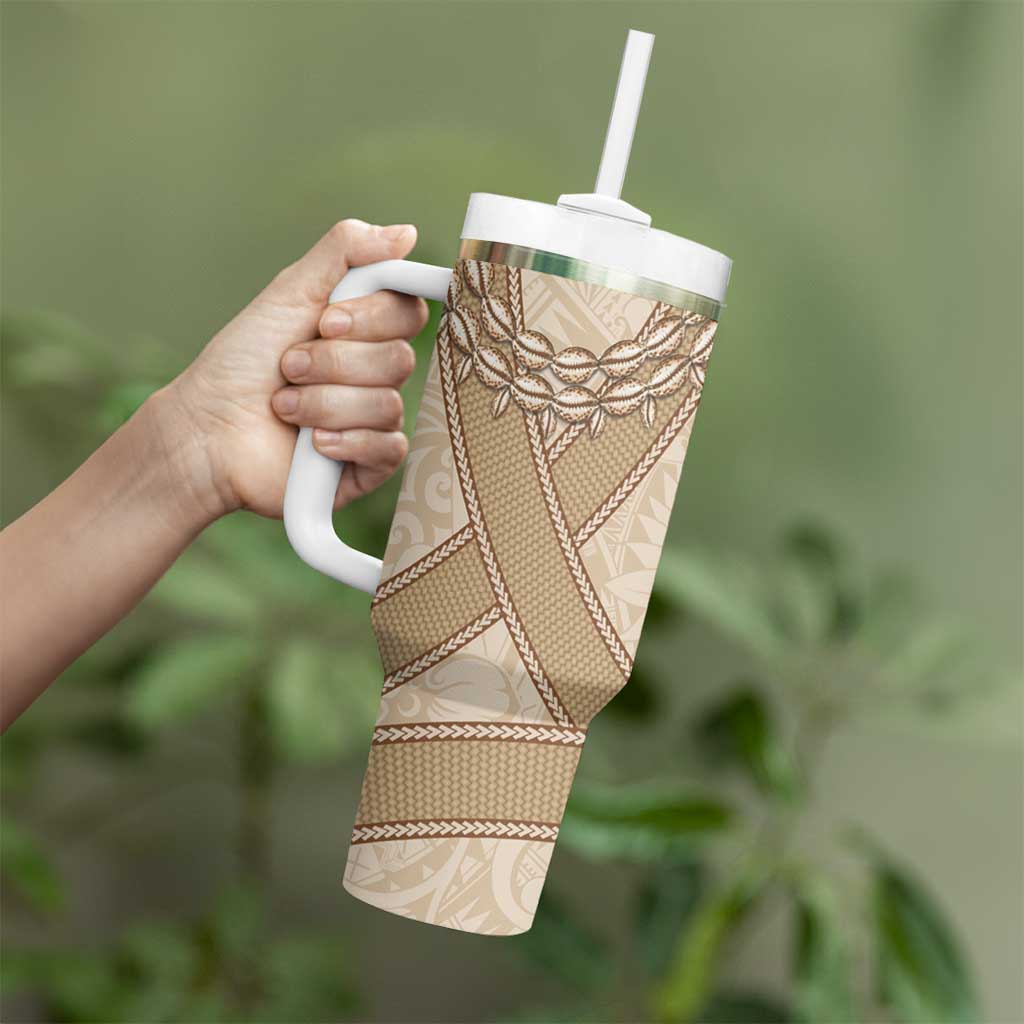 Mauri Ribaberiki Kiribati Tumbler With Handle Cowrie Shells Lei Palm Leaf Weaving