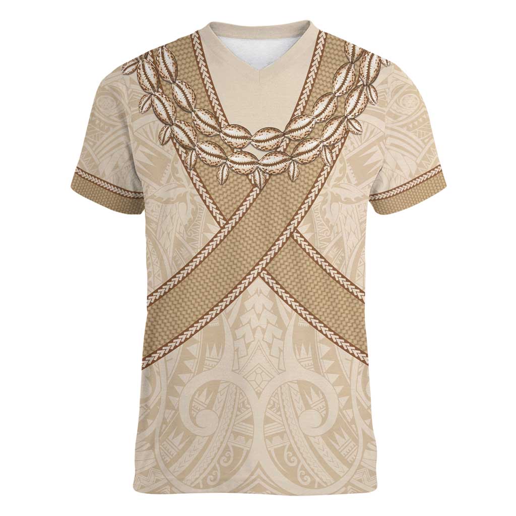 Mauri Ribaberiki Kiribati Women V-Neck T-Shirt Cowrie Shells Lei Palm Leaf Weaving