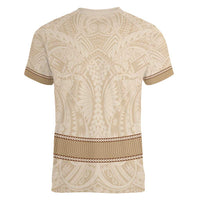 Mauri Ribaberiki Kiribati Women V-Neck T-Shirt Cowrie Shells Lei Palm Leaf Weaving