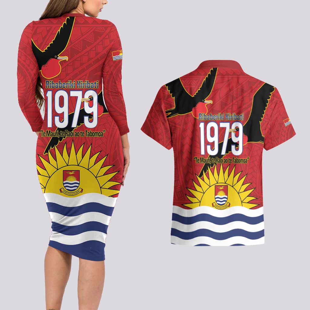 Mauri Kiribati Independence Day Couples Matching Long Sleeve Bodycon Dress and Hawaiian Shirt 1979 Proud National Frigatebird