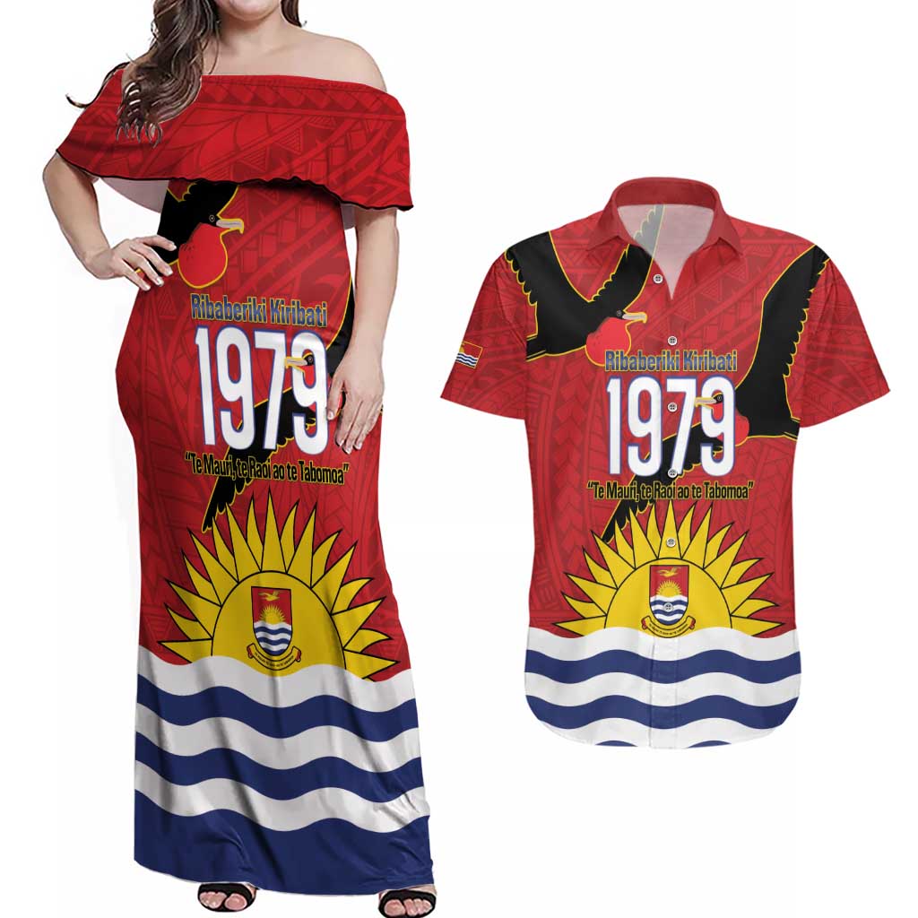 Mauri Kiribati Independence Day Couples Matching Off Shoulder Maxi Dress and Hawaiian Shirt 1979 Proud National Frigatebird