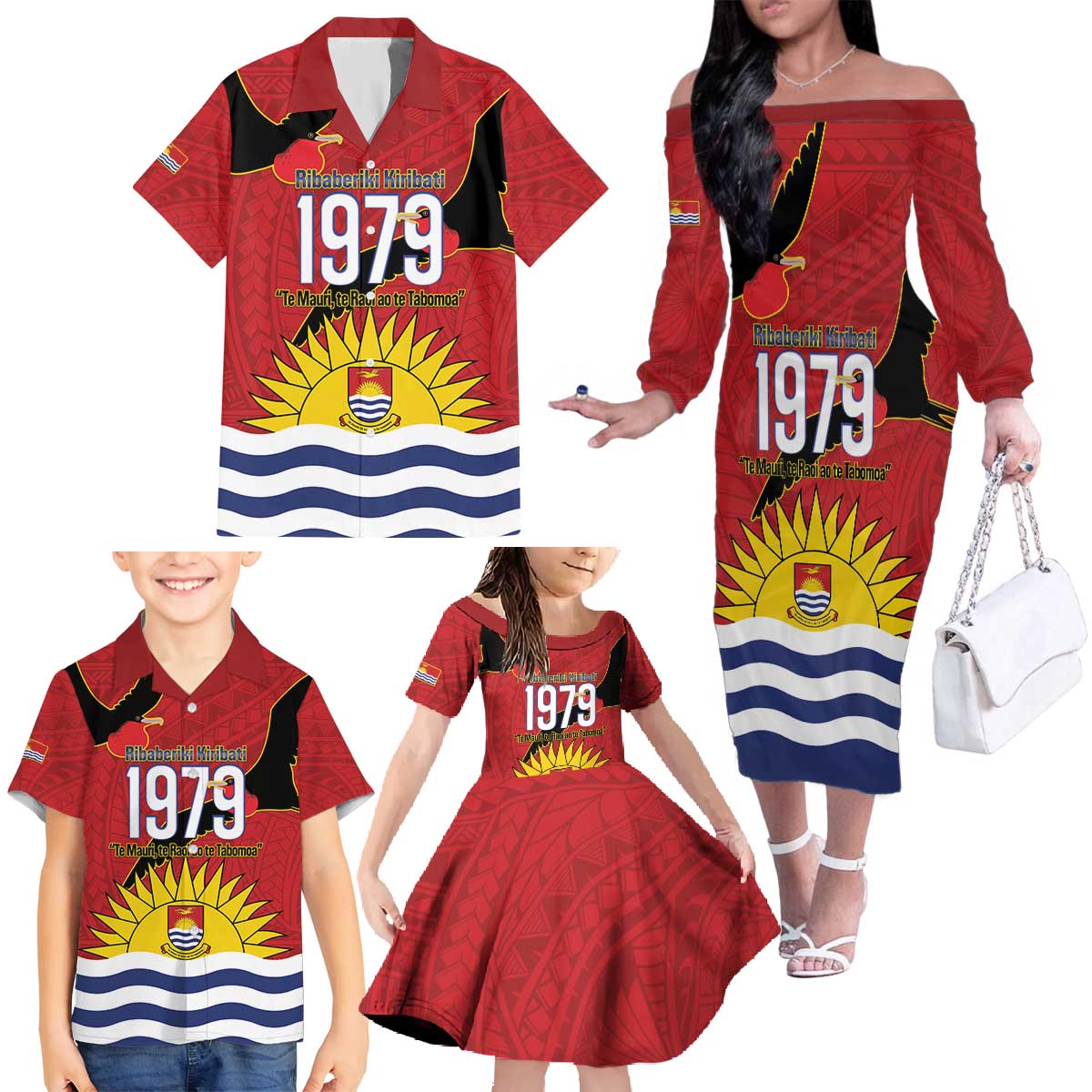 Mauri Kiribati Independence Day Family Matching Off The Shoulder Long Sleeve Dress and Hawaiian Shirt 1979 Proud National Frigatebird