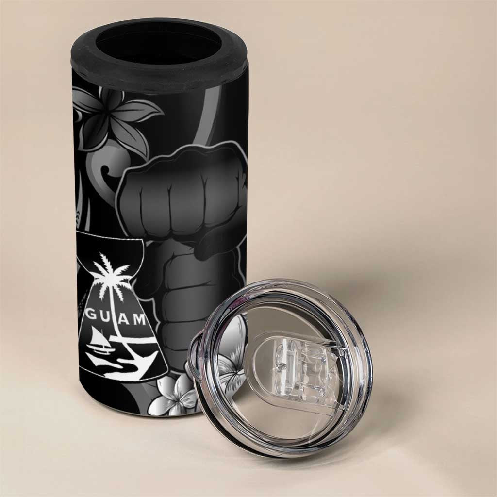 Black Hafa Adai Guam 4 in 1 Can Cooler Tumbler Chamorro Latte Stone Hand With Plumeria