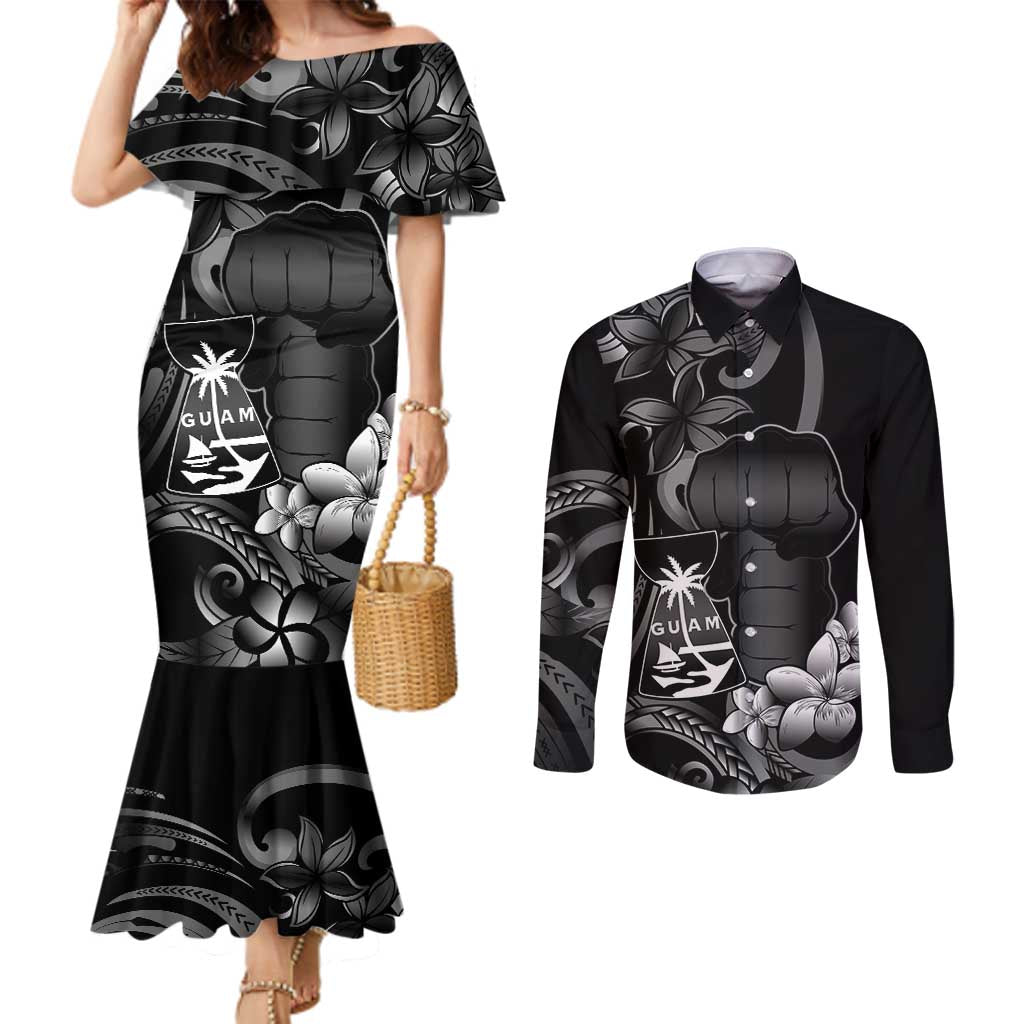 Black Hafa Adai Guam Couples Matching Mermaid Dress and Long Sleeve Button Shirt Chamorro Latte Stone Hand With Plumeria