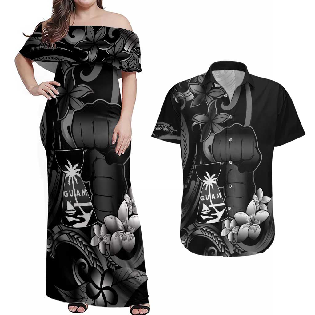 Black Hafa Adai Guam Couples Matching Off Shoulder Maxi Dress and Hawaiian Shirt Chamorro Latte Stone Hand With Plumeria