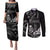 Black Hafa Adai Guam Couples Matching Puletasi and Long Sleeve Button Shirt Chamorro Latte Stone Hand With Plumeria