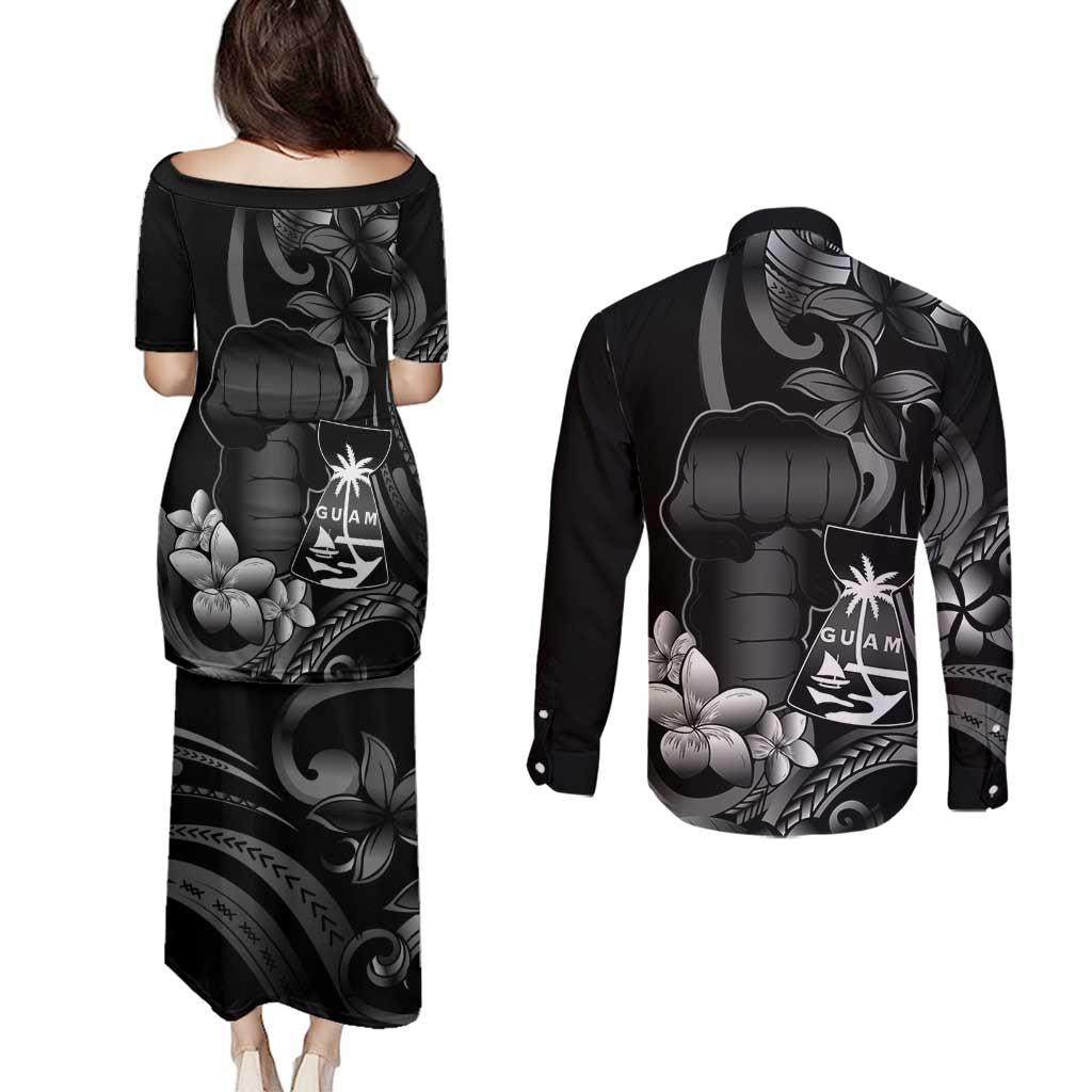 Black Hafa Adai Guam Couples Matching Puletasi and Long Sleeve Button Shirt Chamorro Latte Stone Hand With Plumeria