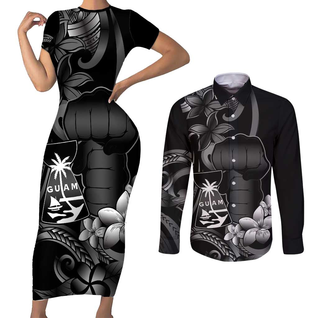 Black Hafa Adai Guam Couples Matching Short Sleeve Bodycon Dress and Long Sleeve Button Shirt Chamorro Latte Stone Hand With Plumeria