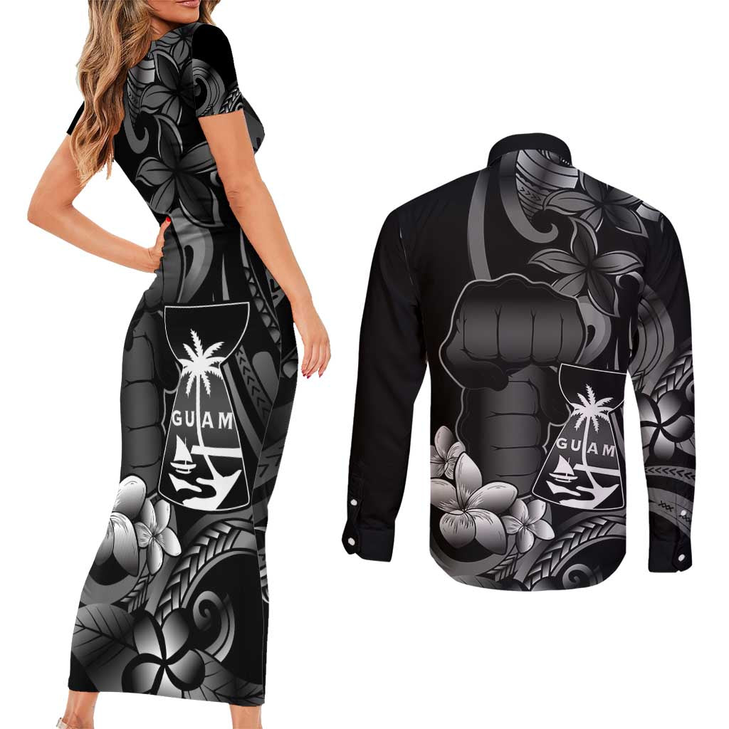 Black Hafa Adai Guam Couples Matching Short Sleeve Bodycon Dress and Long Sleeve Button Shirt Chamorro Latte Stone Hand With Plumeria