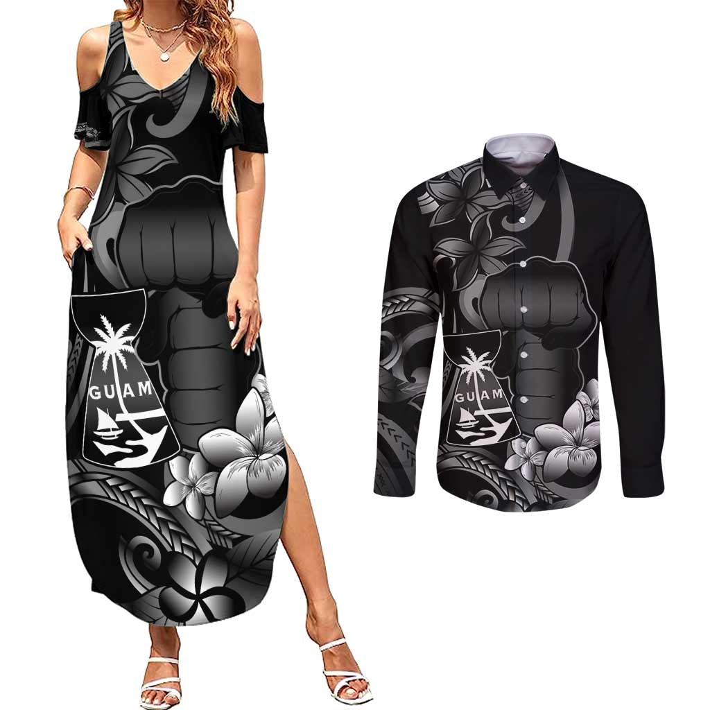 Black Hafa Adai Guam Couples Matching Summer Maxi Dress and Long Sleeve Button Shirt Chamorro Latte Stone Hand With Plumeria