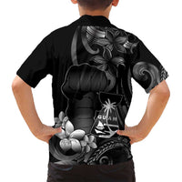 Black Hafa Adai Guam Family Matching Off Shoulder Maxi Dress and Hawaiian Shirt Chamorro Latte Stone Hand With Plumeria