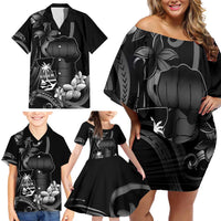 Black Hafa Adai Guam Family Matching Off Shoulder Short Dress and Hawaiian Shirt Chamorro Latte Stone Hand With Plumeria