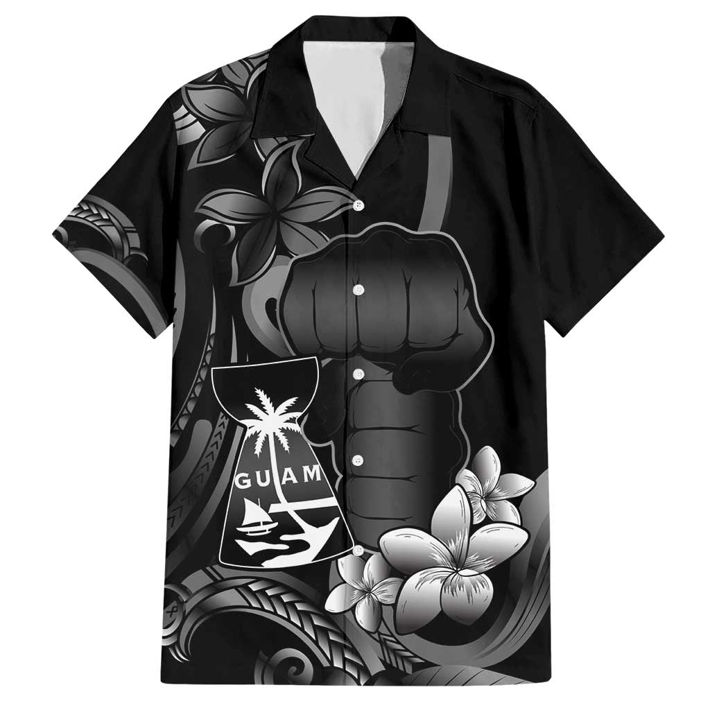 Black Hafa Adai Guam Hawaiian Shirt Chamorro Latte Stone Hand With Plumeria LT14 Black - Polynesian Pride