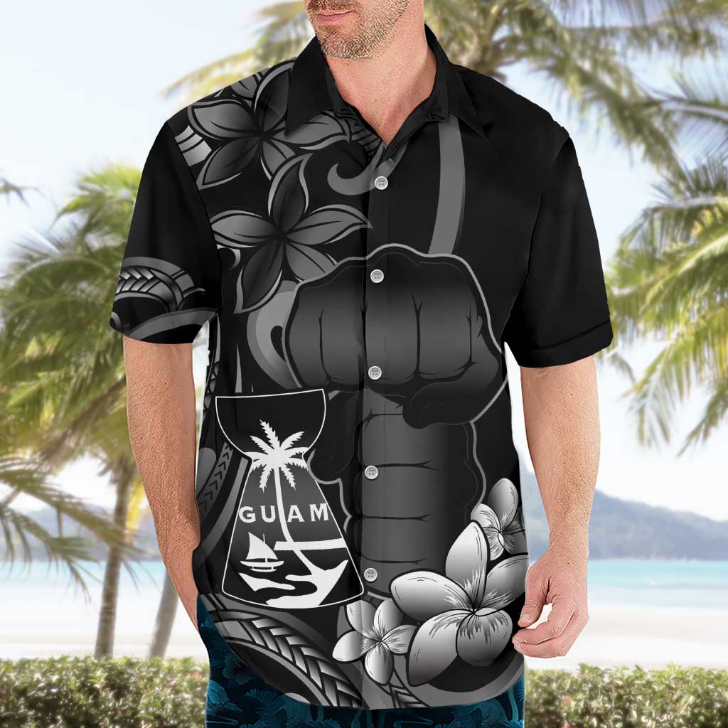 Black Hafa Adai Guam Hawaiian Shirt Chamorro Latte Stone Hand With Plumeria LT14 - Polynesian Pride