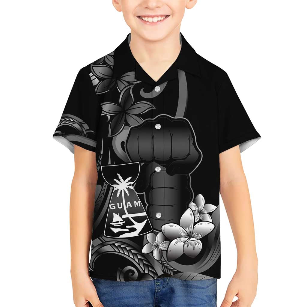 Black Hafa Adai Guam Kid Hawaiian Shirt Chamorro Latte Stone Hand With Plumeria