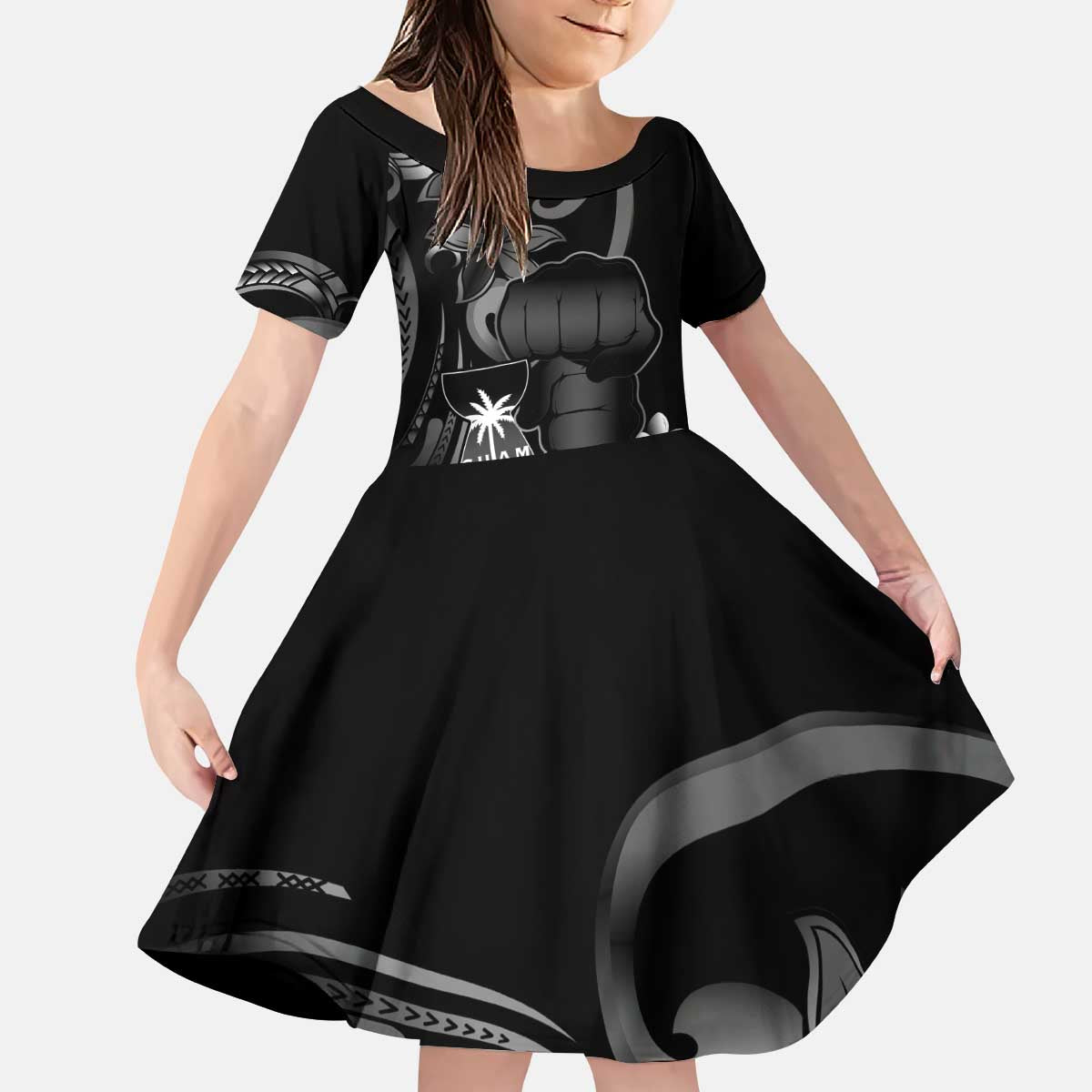Black Hafa Adai Guam Kid Short Sleeve Dress Chamorro Latte Stone Hand With Plumeria