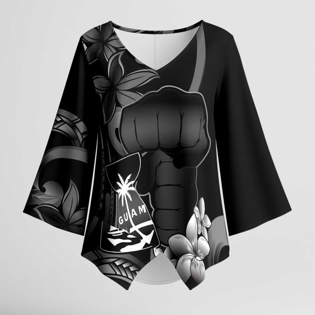 Black Hafa Adai Guam Kimono Sleeve Blouse Chamorro Latte Stone Hand With Plumeria - Polynesian Pride