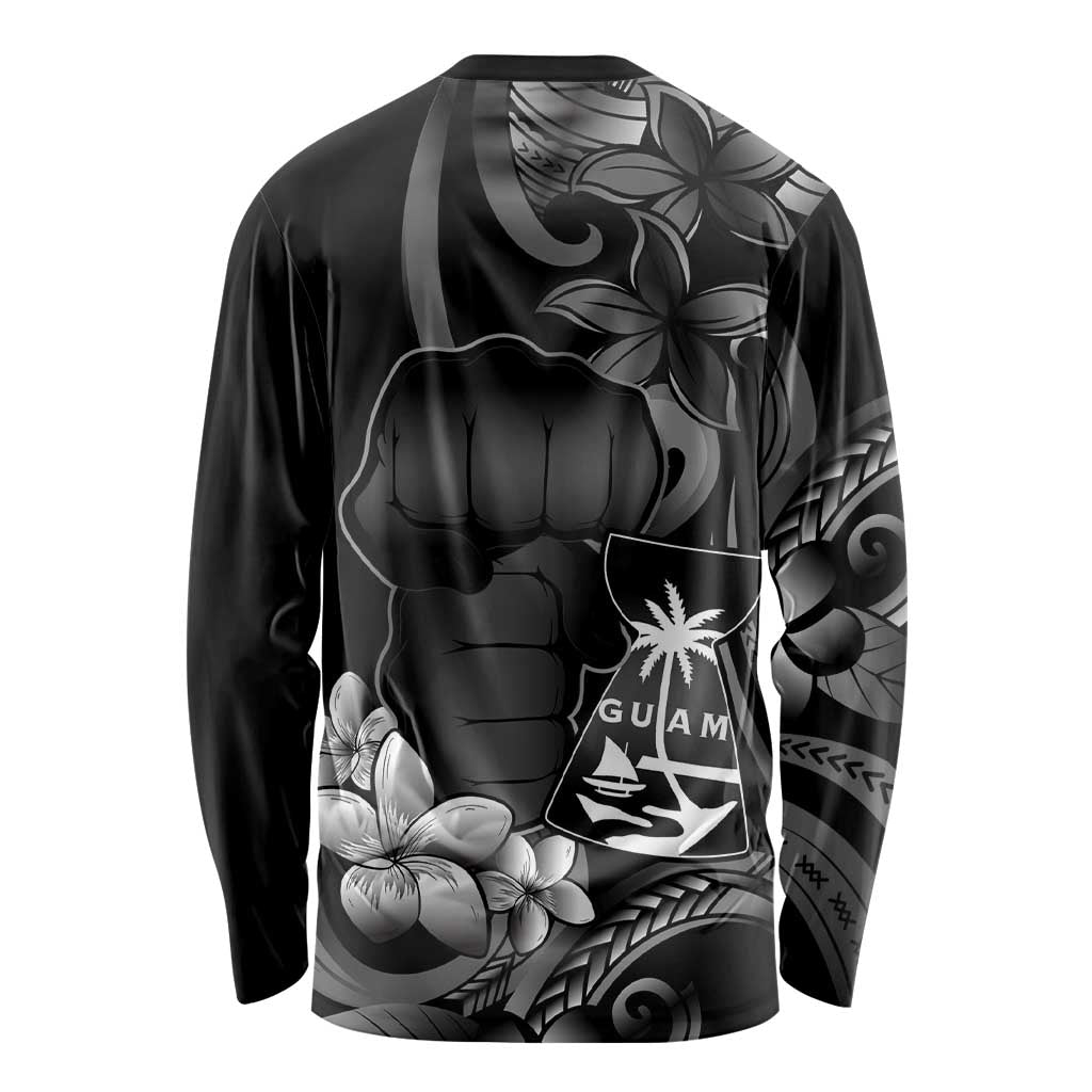 Black Hafa Adai Guam Long Sleeve Shirt Chamorro Latte Stone Hand With Plumeria
