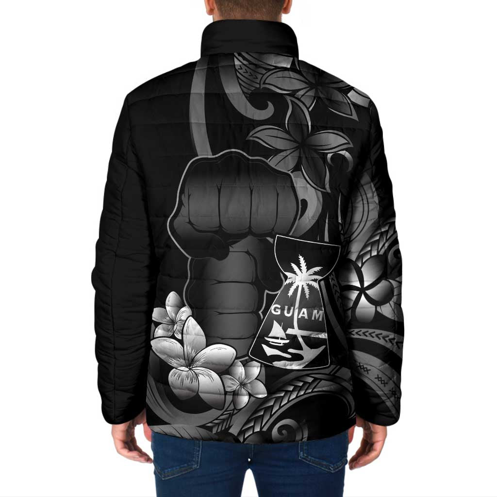 Black Hafa Adai Guam Padded Jacket Chamorro Latte Stone Hand With Plumeria - Polynesian Pride