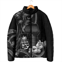 Black Hafa Adai Guam Padded Jacket Chamorro Latte Stone Hand With Plumeria - Polynesian Pride