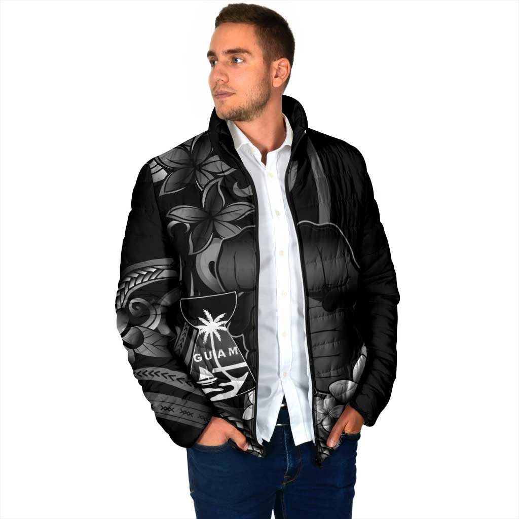 Black Hafa Adai Guam Padded Jacket Chamorro Latte Stone Hand With Plumeria - Polynesian Pride