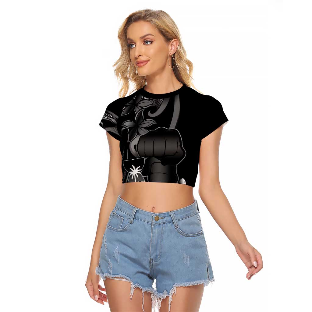 Black Hafa Adai Guam Raglan Cropped T Shirt Chamorro Latte Stone Hand With Plumeria