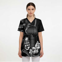Black Hafa Adai Guam Scrub Top Chamorro Latte Stone Hand With Plumeria - Polynesian Pride