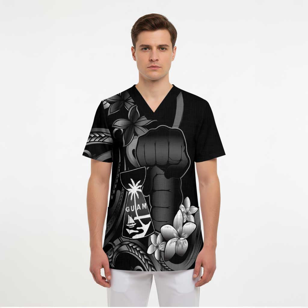 Black Hafa Adai Guam Scrub Top Chamorro Latte Stone Hand With Plumeria - Polynesian Pride