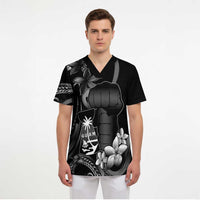 Black Hafa Adai Guam Scrub Top Chamorro Latte Stone Hand With Plumeria - Polynesian Pride