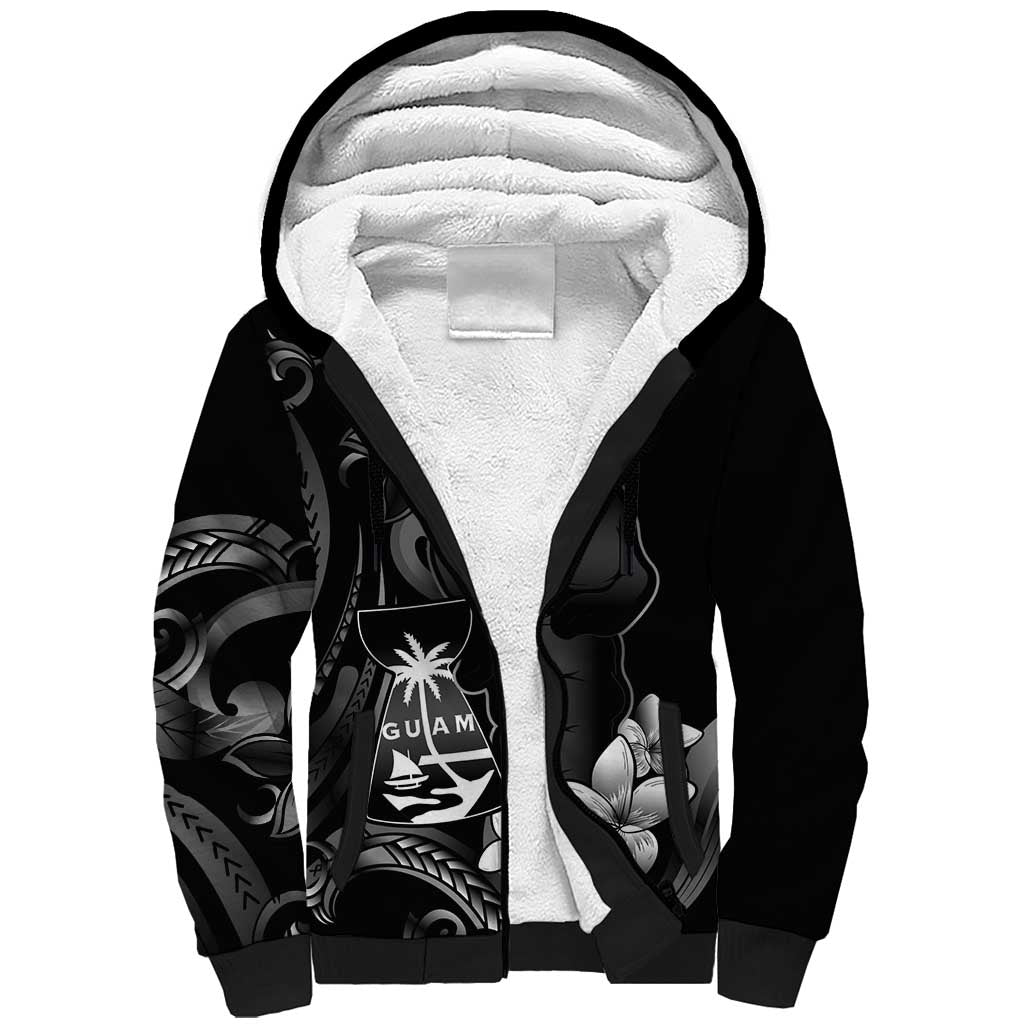 Black Hafa Adai Guam Sherpa Hoodie Chamorro Latte Stone Hand With Plumeria