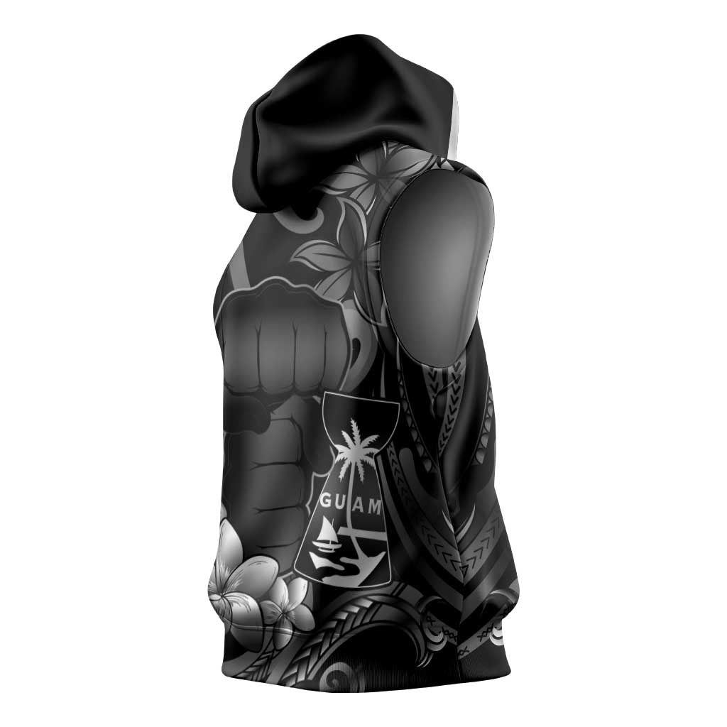 Black Hafa Adai Guam Sleeveless Hoodie Chamorro Latte Stone Hand With Plumeria - Polynesian Pride
