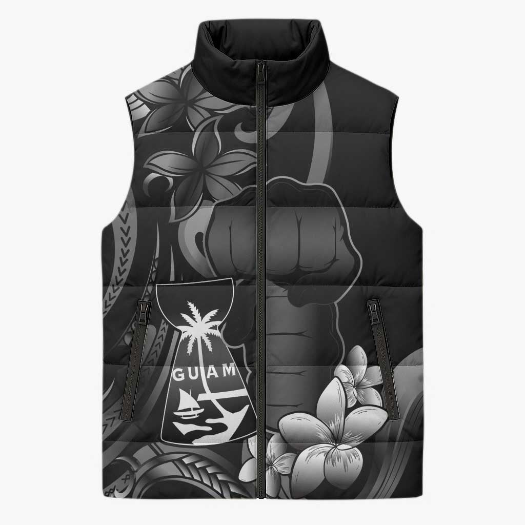 Black Hafa Adai Guam Sleeveless Puffer Jacket Chamorro Latte Stone Hand With Plumeria - Polynesian Pride