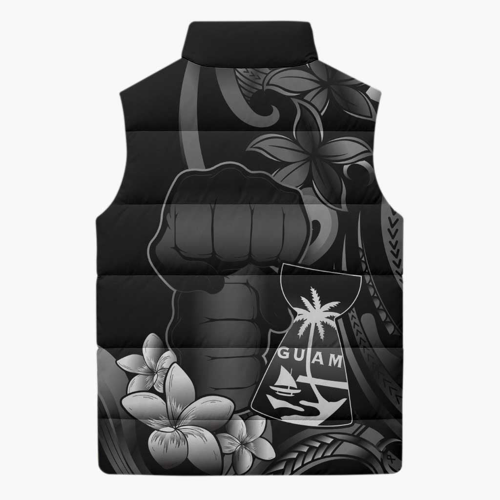Black Hafa Adai Guam Sleeveless Puffer Jacket Chamorro Latte Stone Hand With Plumeria - Polynesian Pride