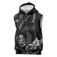 Black Hafa Adai Guam Sleeveless Zip Hoodie Chamorro Latte Stone Hand With Plumeria - Polynesian Pride