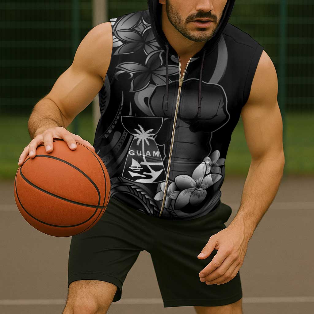 Black Hafa Adai Guam Sleeveless Zip Hoodie Chamorro Latte Stone Hand With Plumeria - Polynesian Pride