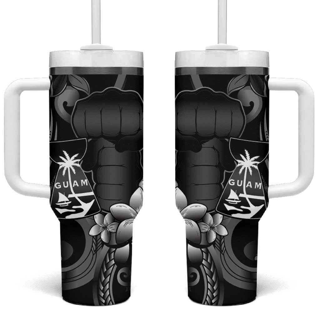 Black Hafa Adai Guam Tumbler With Handle Chamorro Latte Stone Hand With Plumeria