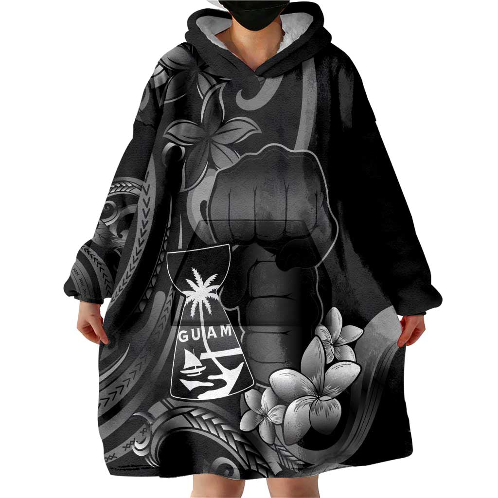 Black Hafa Adai Guam Wearable Blanket Hoodie Chamorro Latte Stone Hand With Plumeria