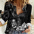 Black Hafa Adai Guam Women Casual Shirt Chamorro Latte Stone Hand With Plumeria