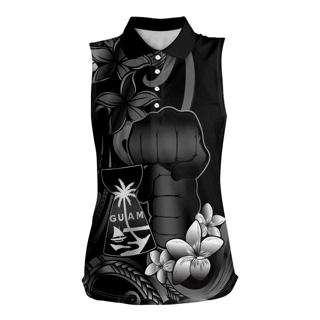 Black Hafa Adai Guam Women Sleeveless Polo Shirt Chamorro Latte Stone Hand With Plumeria