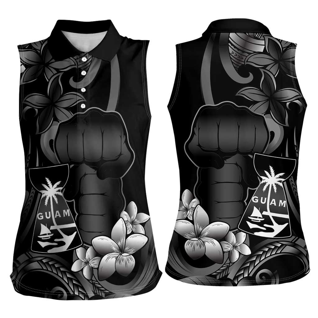Black Hafa Adai Guam Women Sleeveless Polo Shirt Chamorro Latte Stone Hand With Plumeria