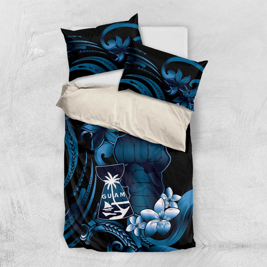 Blue Hafa Adai Guam Bedding Set Chamorro Latte Stone Hand With Plumeria