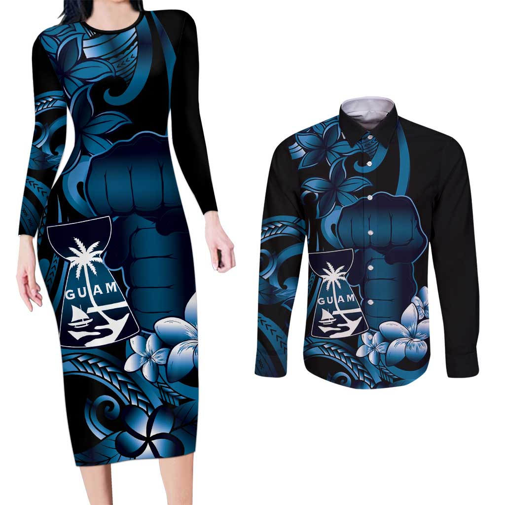 Blue Hafa Adai Guam Couples Matching Long Sleeve Bodycon Dress and Long Sleeve Button Shirt Chamorro Latte Stone Hand With Plumeria