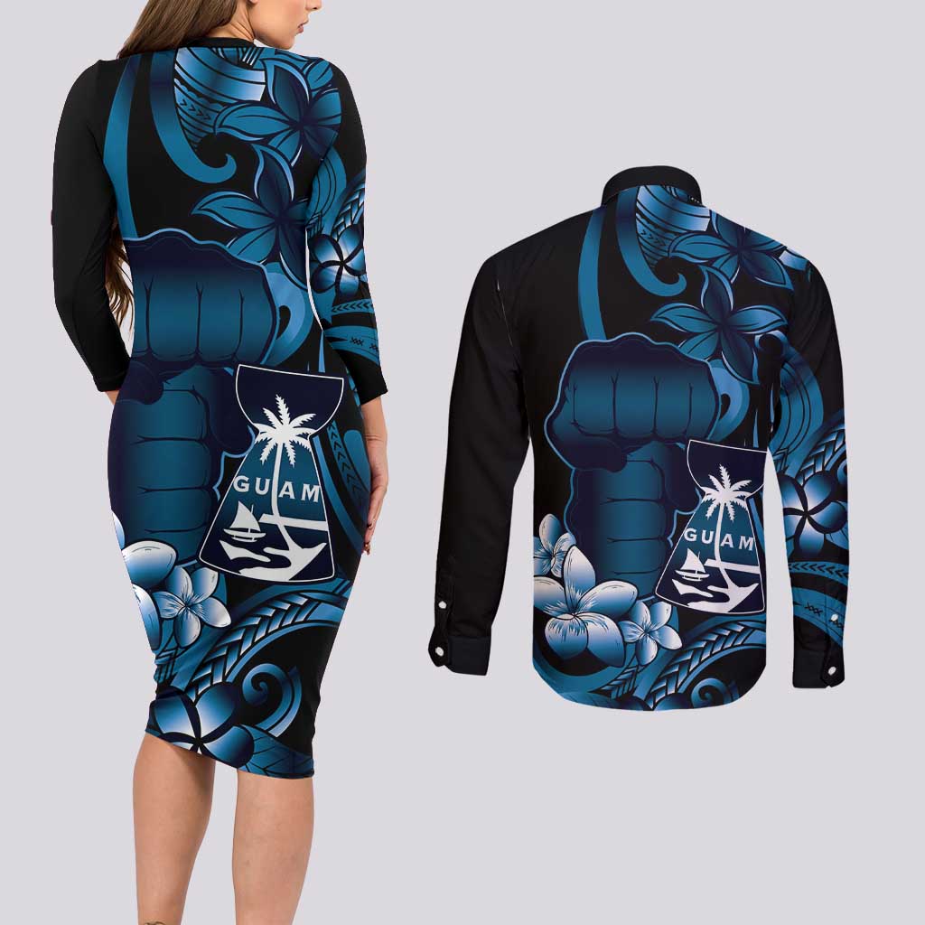 Blue Hafa Adai Guam Couples Matching Long Sleeve Bodycon Dress and Long Sleeve Button Shirt Chamorro Latte Stone Hand With Plumeria