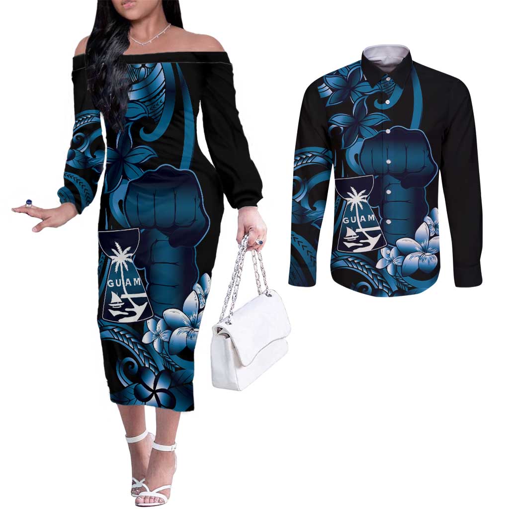 Blue Hafa Adai Guam Couples Matching Off The Shoulder Long Sleeve Dress and Long Sleeve Button Shirt Chamorro Latte Stone Hand With Plumeria