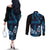 Blue Hafa Adai Guam Couples Matching Off The Shoulder Long Sleeve Dress and Long Sleeve Button Shirt Chamorro Latte Stone Hand With Plumeria