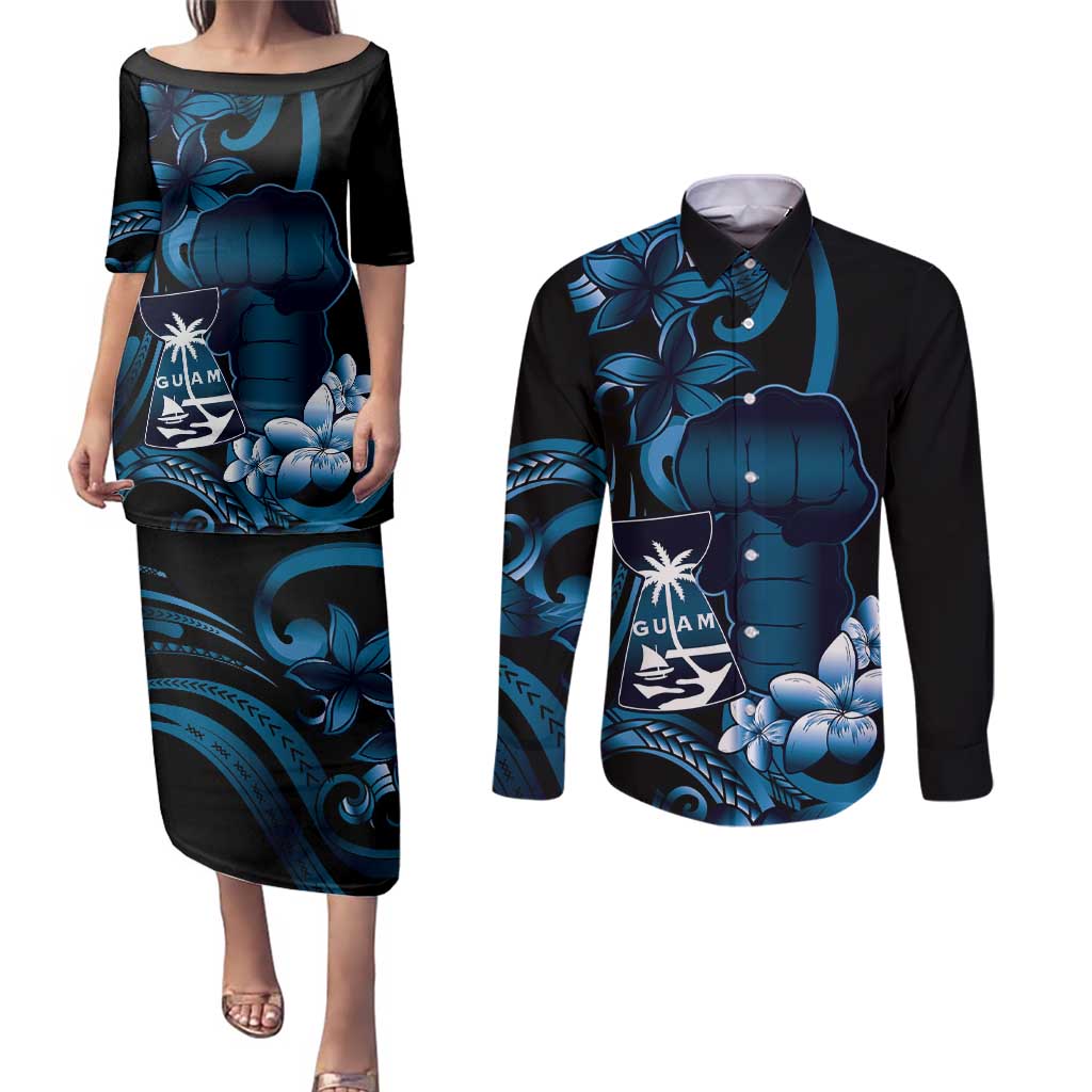 Blue Hafa Adai Guam Couples Matching Puletasi and Long Sleeve Button Shirt Chamorro Latte Stone Hand With Plumeria