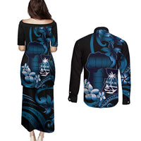 Blue Hafa Adai Guam Couples Matching Puletasi and Long Sleeve Button Shirt Chamorro Latte Stone Hand With Plumeria