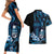 Blue Hafa Adai Guam Couples Matching Short Sleeve Bodycon Dress and Hawaiian Shirt Chamorro Latte Stone Hand With Plumeria