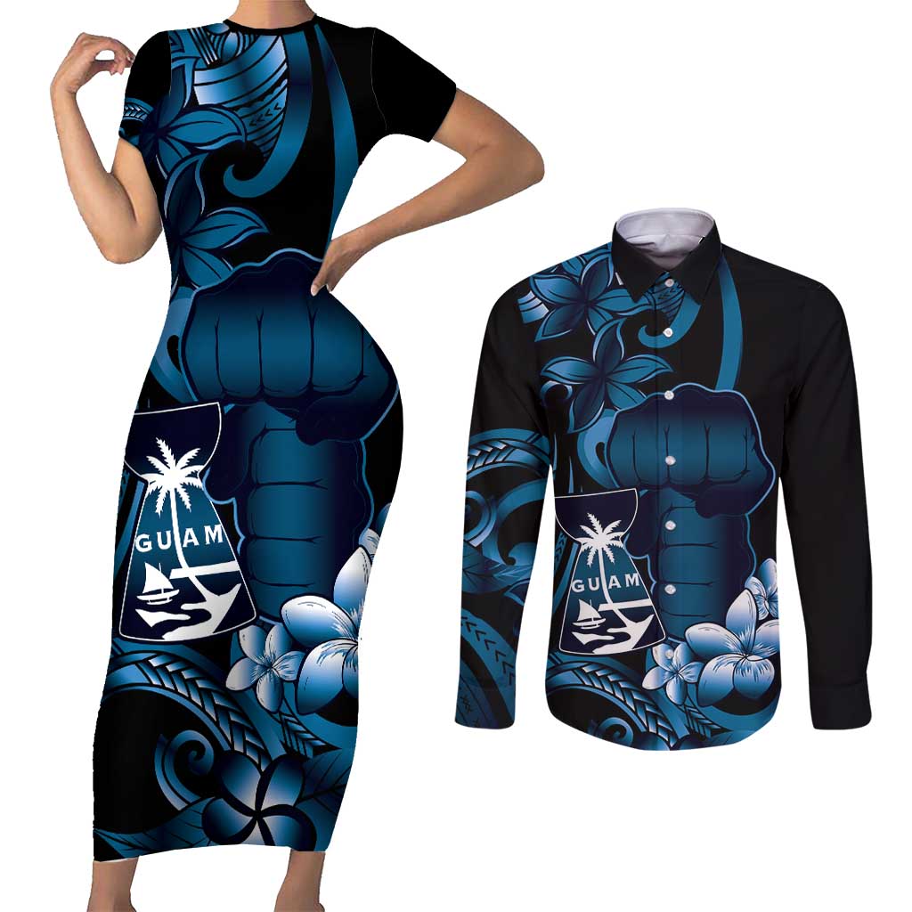 Blue Hafa Adai Guam Couples Matching Short Sleeve Bodycon Dress and Long Sleeve Button Shirt Chamorro Latte Stone Hand With Plumeria